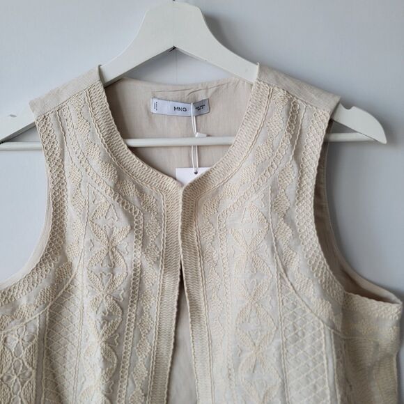 MANGO Women's Embroidered Linen Vest size L Crewneck Lined - Picture 3 of 8